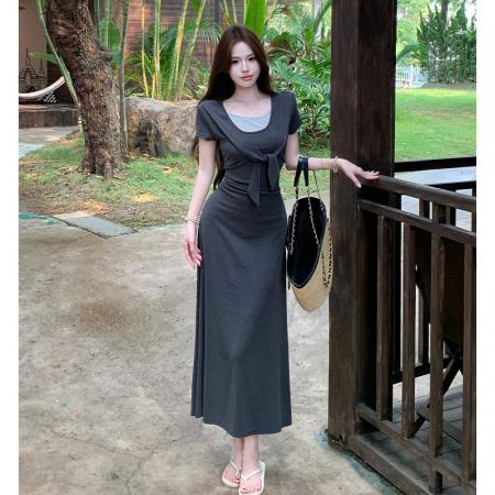 BY15074# 法式韩系假两件条纹短袖连衣裙女夏季新款设计感撞色拼接收腰长裙 服裝批發女裝批發服飾貨源