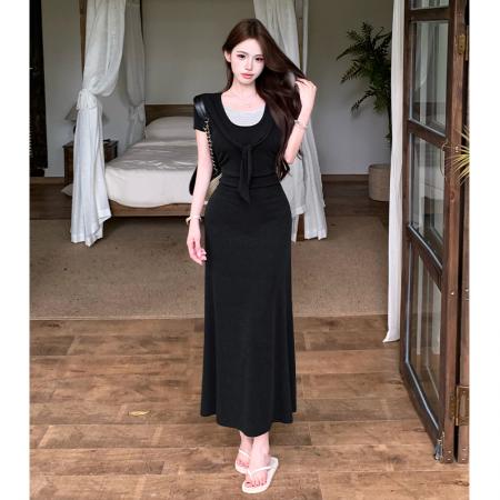 BY15074# 法式韩系假两件条纹短袖连衣裙女夏季新款设计感撞色拼接收腰长裙 服裝批發女裝批發服飾貨源