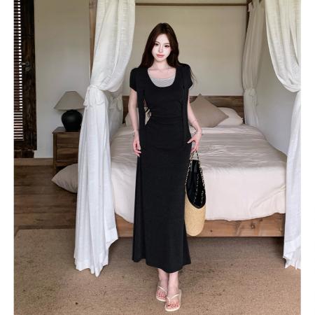 BY15074# 法式韩系假两件条纹短袖连衣裙女夏季新款设计感撞色拼接收腰长裙 服裝批發女裝批發服飾貨源