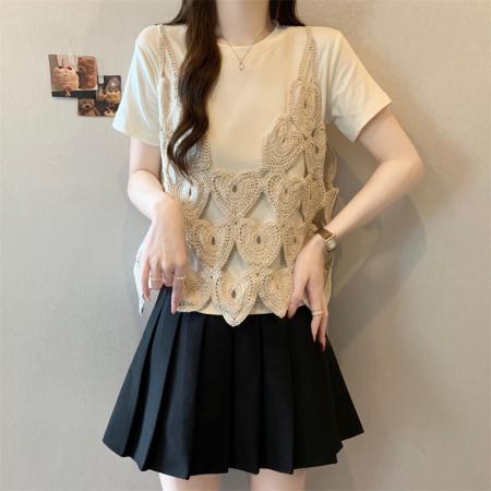 BY15076# 大码胖MM新款设计感简约爱心吊带+短袖T两件套遮肉显瘦上衣 服裝批發女裝批發服飾貨源