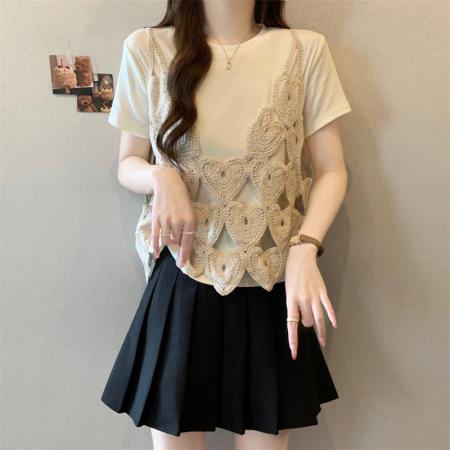 BY15076# 大码胖MM新款设计感简约爱心吊带+短袖T两件套遮肉显瘦上衣 服裝批發女裝批發服飾貨源