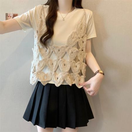 BY15076# 大码胖MM新款设计感简约爱心吊带+短袖T两件套遮肉显瘦上衣 服裝批發女裝批發服飾貨源