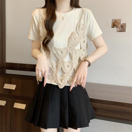 BY15076# 大码胖MM新款设计感简约爱心吊带+短袖T两件套遮肉显瘦上衣 服裝批發女裝批發服飾貨源