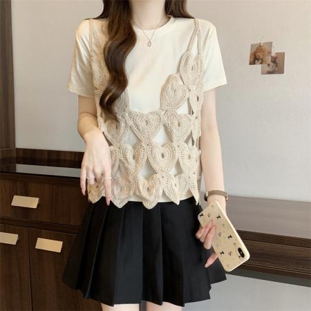 BY15076# 大码胖MM新款设计感简约爱心吊带+短袖T两件套遮肉显瘦上衣 服裝批發女裝批發服飾貨源