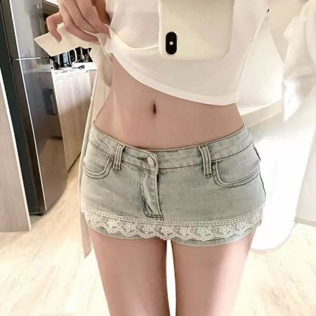BY15078# 美式复古做旧蕾丝拼接热辣牛仔超短裤女夏季辣妹低腰显瘦裙裤 服裝批發女裝批發服飾貨源