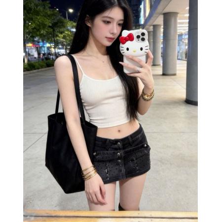 BY15079# 美式复古磨破烫钻低腰牛仔短裙女夏季辣妹设计感牛仔包臀短裙裤 服裝批發女裝批發服飾貨源