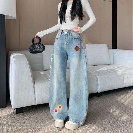 BY15080# 美式复古刺绣钉珠弯刀牛仔裤女设计感宽松显瘦阔腿裤子 服裝批發女裝批發服飾貨源