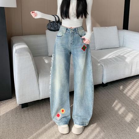 BY15080# 美式复古刺绣钉珠弯刀牛仔裤女设计感宽松显瘦阔腿裤子 服裝批發女裝批發服飾貨源