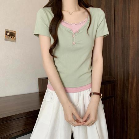 BY15081# 大码胖mm假两件t恤女夏季设计感上衣M-4XL 服裝批發女裝批發服飾貨源