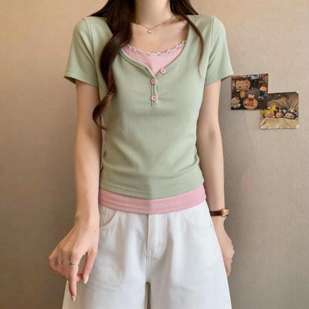 BY15081# 大码胖mm假两件t恤女夏季设计感上衣M-4XL 服裝批發女裝批發服飾貨源