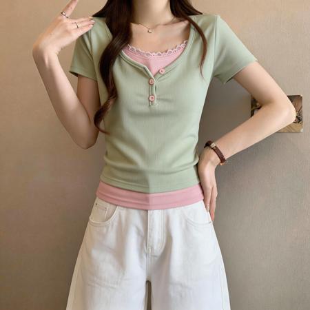 BY15081# 大码胖mm假两件t恤女夏季设计感上衣M-4XL 服裝批發女裝批發服飾貨源