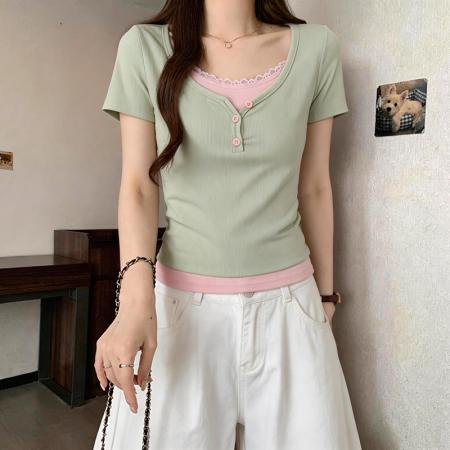 BY15081# 大码胖mm假两件t恤女夏季设计感上衣M-4XL 服裝批發女裝批發服飾貨源