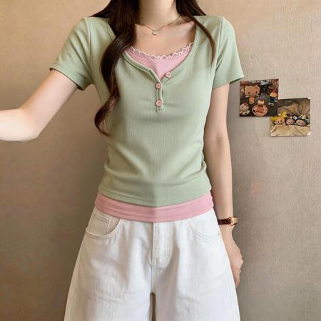 BY15081# 大码胖mm假两件t恤女夏季设计感上衣M-4XL 服裝批發女裝批發服飾貨源