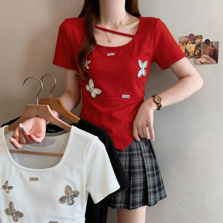 BY15082# 大码胖mm短袖T恤方领设计感炸街甜辣上衣M-4XL 服裝批發女裝批發服飾貨源