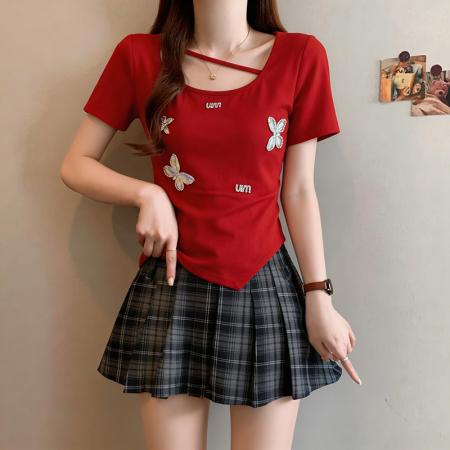 BY15082# 大码胖mm短袖T恤方领设计感炸街甜辣上衣M-4XL 服裝批發女裝批發服飾貨源