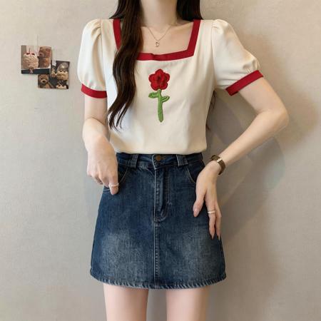 BY15083# 大码胖mm设计感方领上衣t恤女夏M-4XL 服裝批發女裝批發服飾貨源