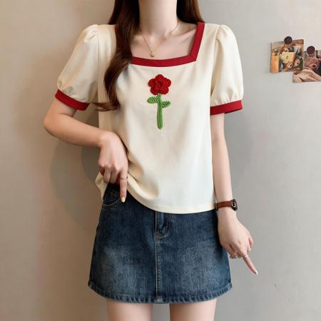 BY15083# 大码胖mm设计感方领上衣t恤女夏M-4XL 服裝批發女裝批發服飾貨源