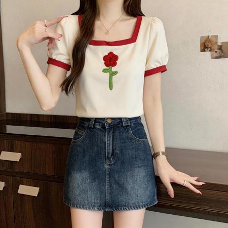 BY15083# 大码胖mm设计感方领上衣t恤女夏M-4XL 服裝批發女裝批發服飾貨源