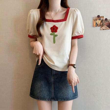 BY15083# 大码胖mm设计感方领上衣t恤女夏M-4XL 服裝批發女裝批發服飾貨源