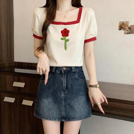 BY15083# 大码胖mm设计感方领上衣t恤女夏M-4XL 服裝批發女裝批發服飾貨源