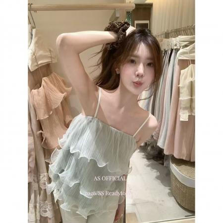 BY15087# 十三行春夏新款氛围香香软软层层荷叶边吊带小衫 服裝批發女裝批發服飾貨源