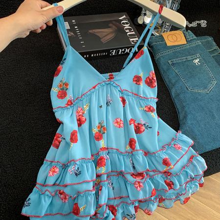 BY15088# 甜美风荷叶边无袖背心吊带女夏新露背纯欲辣妹风美背上衣 服裝批發女裝批發服飾貨源