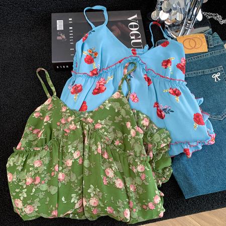 BY15088# 甜美风荷叶边无袖背心吊带女夏新露背纯欲辣妹风美背上衣 服裝批發女裝批發服飾貨源