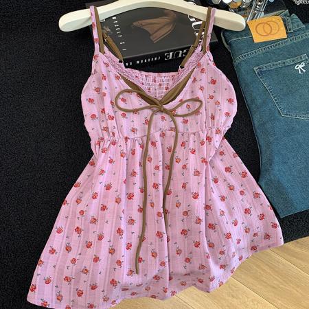 BY15089# 撞色碎花吊带假两件v领纯欲背心女女甜美上衣 服裝批發女裝批發服飾貨源