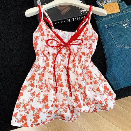 BY15089# 撞色碎花吊带假两件v领纯欲背心女女甜美上衣 服裝批發女裝批發服飾貨源