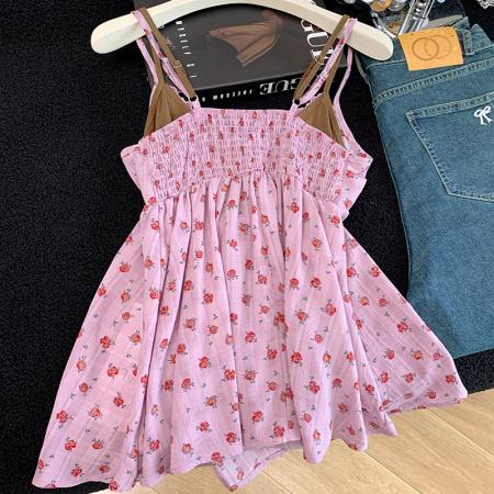 BY15089# 撞色碎花吊带假两件v领纯欲背心女女甜美上衣 服裝批發女裝批發服飾貨源