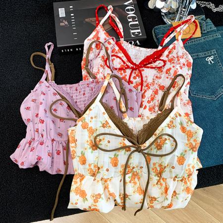 BY15089# 撞色碎花吊带假两件v领纯欲背心女女甜美上衣 服裝批發女裝批發服飾貨源