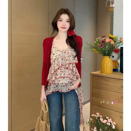 BY15090# 莓果奶冻夏季新款雪纺红碎花小吊带女无袖套头打底衫上衣 服裝批發女裝批發服飾貨源