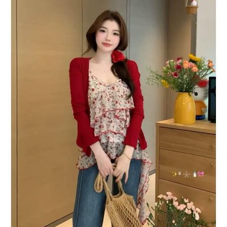 BY15090# 莓果奶冻夏季新款雪纺红碎花小吊带女无袖套头打底衫上衣 服裝批發女裝批發服飾貨源