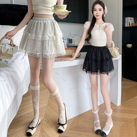 BY15091# 立体蝴蝶结蕾丝边小个子芭蕾风短裙a字夏季波点蓬蓬裙女 服裝批發女裝批發服飾貨源