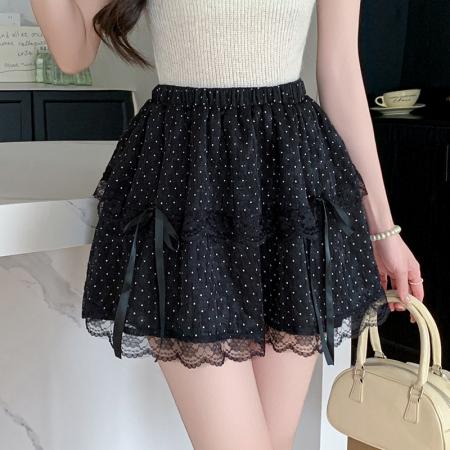 BY15091# 立体蝴蝶结蕾丝边小个子芭蕾风短裙a字夏季波点蓬蓬裙女 服裝批發女裝批發服飾貨源