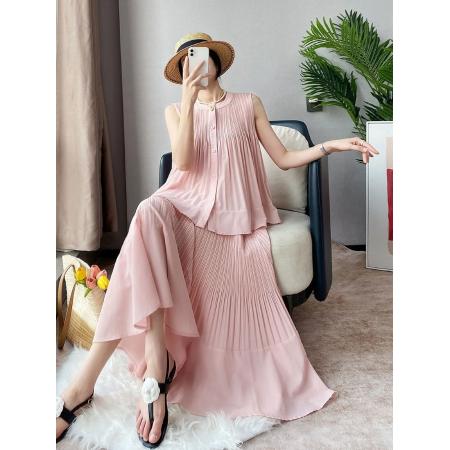 BY15099# 三宅高级感半身裙两件套女夏季褶皱无袖衬衫百褶大摆裙子时尚套装 服裝批發女裝批發服飾貨源