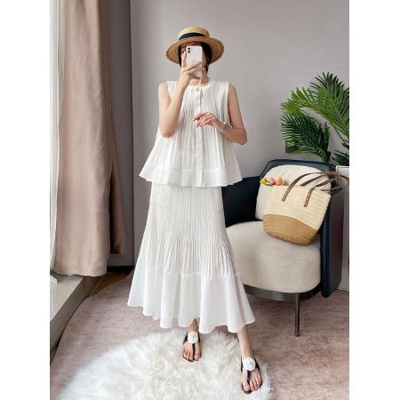 BY15099# 三宅高级感半身裙两件套女夏季褶皱无袖衬衫百褶大摆裙子时尚套装 服裝批發女裝批發服飾貨源