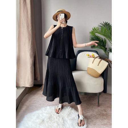 BY15099# 三宅高级感半身裙两件套女夏季褶皱无袖衬衫百褶大摆裙子时尚套装 服裝批發女裝批發服飾貨源