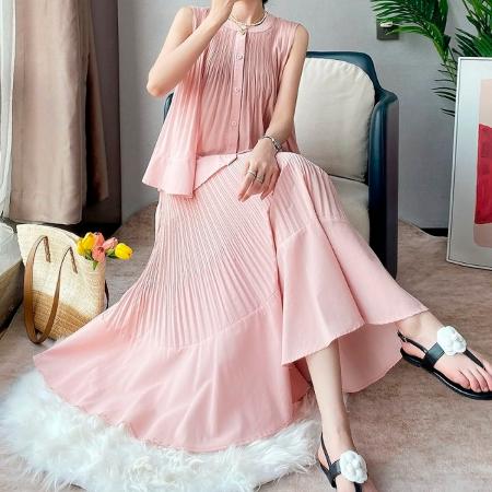 BY15099# 三宅高级感半身裙两件套女夏季褶皱无袖衬衫百褶大摆裙子时尚套装 服裝批發女裝批發服飾貨源