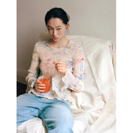 BY15100# 复古温柔法式设计感压褶印染雪纺衫女上衣春夏 服裝批發女裝批發服飾貨源