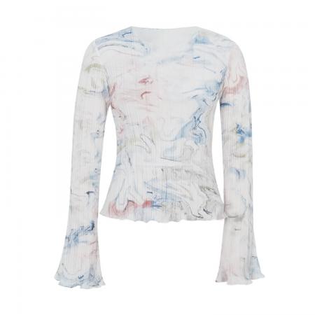 BY15100# 复古温柔法式设计感压褶印染雪纺衫女上衣春夏 服裝批發女裝批發服飾貨源