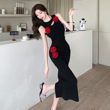 BY15102# 性感辣妹套装立体花朵镂空无袖上衣开叉包臂半身裙两件套 服裝批發女裝批發服飾貨源