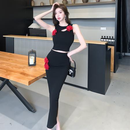 BY15102# 性感辣妹套装立体花朵镂空无袖上衣开叉包臂半身裙两件套 服裝批發女裝批發服飾貨源