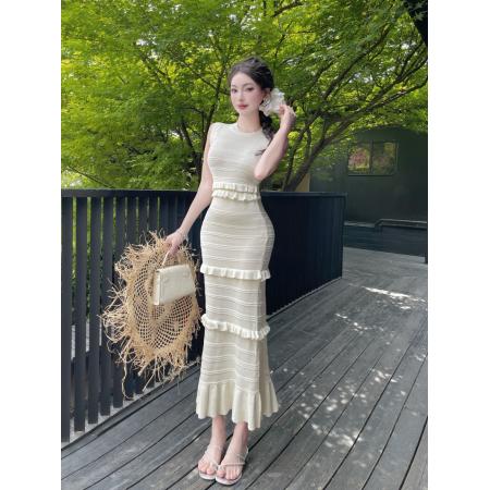 BY15103# 小香风甜美千金气质收腰显瘦木耳褶皱花边针织长款连衣裙 服裝批發女裝批發服飾貨源