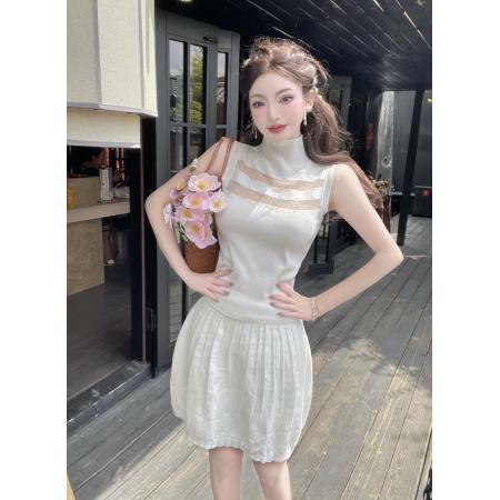 BY15104# 法式拼接针织无袖背心绝美气质辣妹修身上衣＋半身裙套装 服裝批發女裝批發服飾貨源