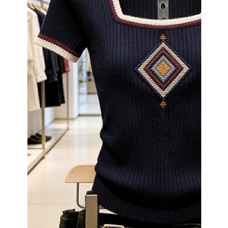 BY15105# 独特复古撞色拼接方领冰丝针织短袖t恤女修身显瘦上衣夏季 服裝批發女裝批發服飾貨源