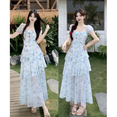 BY15108# 大码女装夏季新短袖蝴蝶结法式碎花温柔风收腰显瘦连衣裙 服裝批發女裝批發服飾貨源