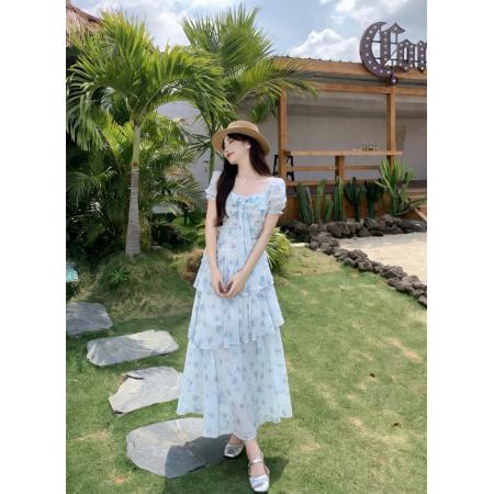 BY15108# 大码女装夏季新短袖蝴蝶结法式碎花温柔风收腰显瘦连衣裙 服裝批發女裝批發服飾貨源