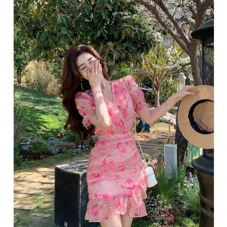 BY15109# 碎花雪纺连衣裙女夏新款设计感小众修身显瘦气质包臀鱼尾短裙 服裝批發女裝批發服飾貨源