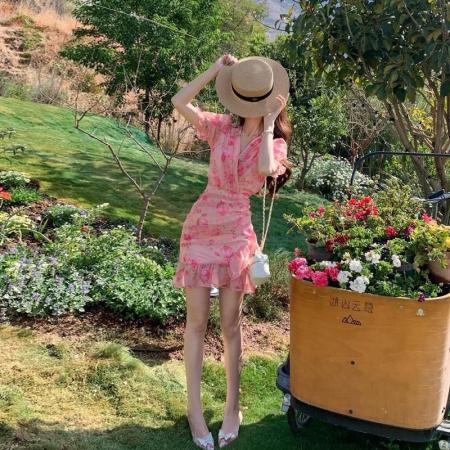 BY15109# 碎花雪纺连衣裙女夏新款设计感小众修身显瘦气质包臀鱼尾短裙 服裝批發女裝批發服飾貨源